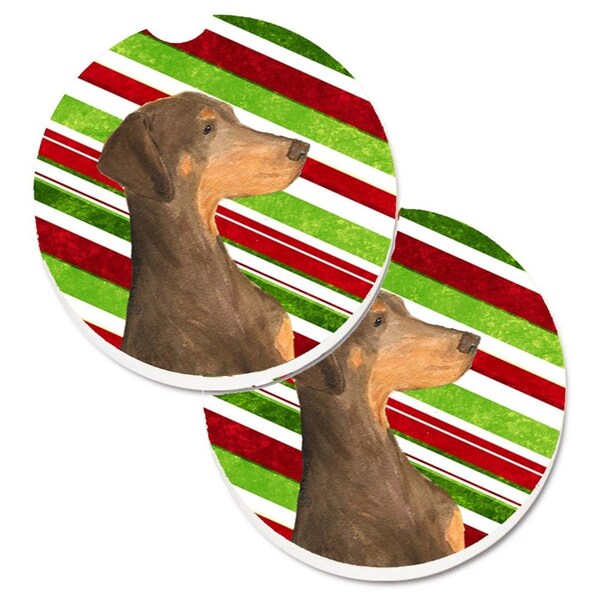 Carolines Treasures Doberman Candy Cane Holiday Christmas Set of 2 Cup Holder Car Coaster SS4548CARC - main